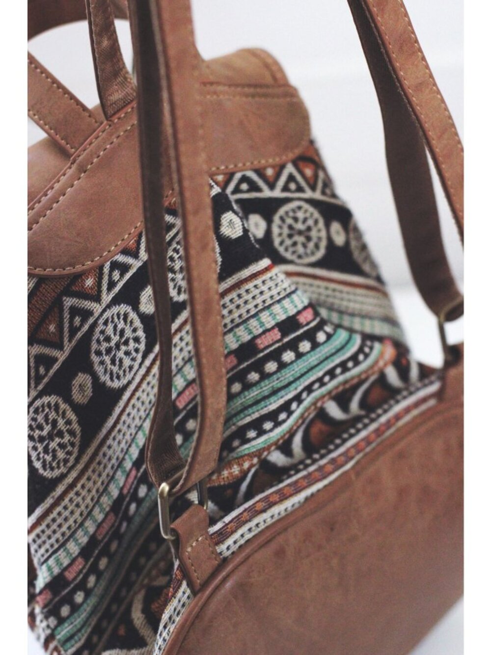 Boho Vintage-Style Brown Leather & Woven Backpack Adjustable Straps Tribal Print - Picture 4 of 4